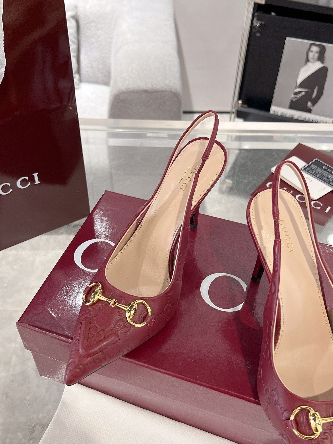 GG HIGH SLINGBACK 10.5 CM IN WINE RED GLOSSY EMBOSSED SUEDE AND SHEEPSKIN LINING