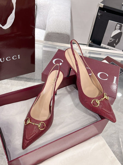 GG HIGH SLINGBACK 10.5 CM IN WINE RED GLOSSY EMBOSSED SUEDE AND SHEEPSKIN LINING