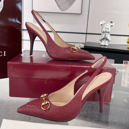 GG HIGH SLINGBACK 10.5 CM IN WINE RED GLOSSY EMBOSSED SUEDE AND SHEEPSKIN LINING