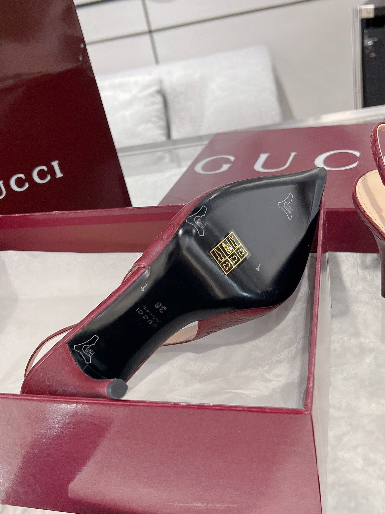 GG HIGH SLINGBACK 10.5 CM IN WINE RED GLOSSY EMBOSSED SUEDE AND SHEEPSKIN LINING