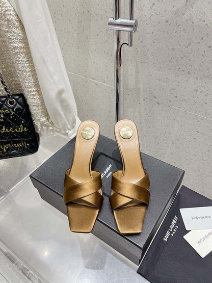 OPYUM HIGH MULES 85 MM IN METALLIC GOLD SATIN CREPE