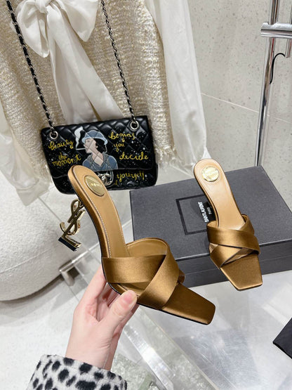 OPYUM HIGH MULES 85 MM IN METALLIC GOLD SATIN CREPE