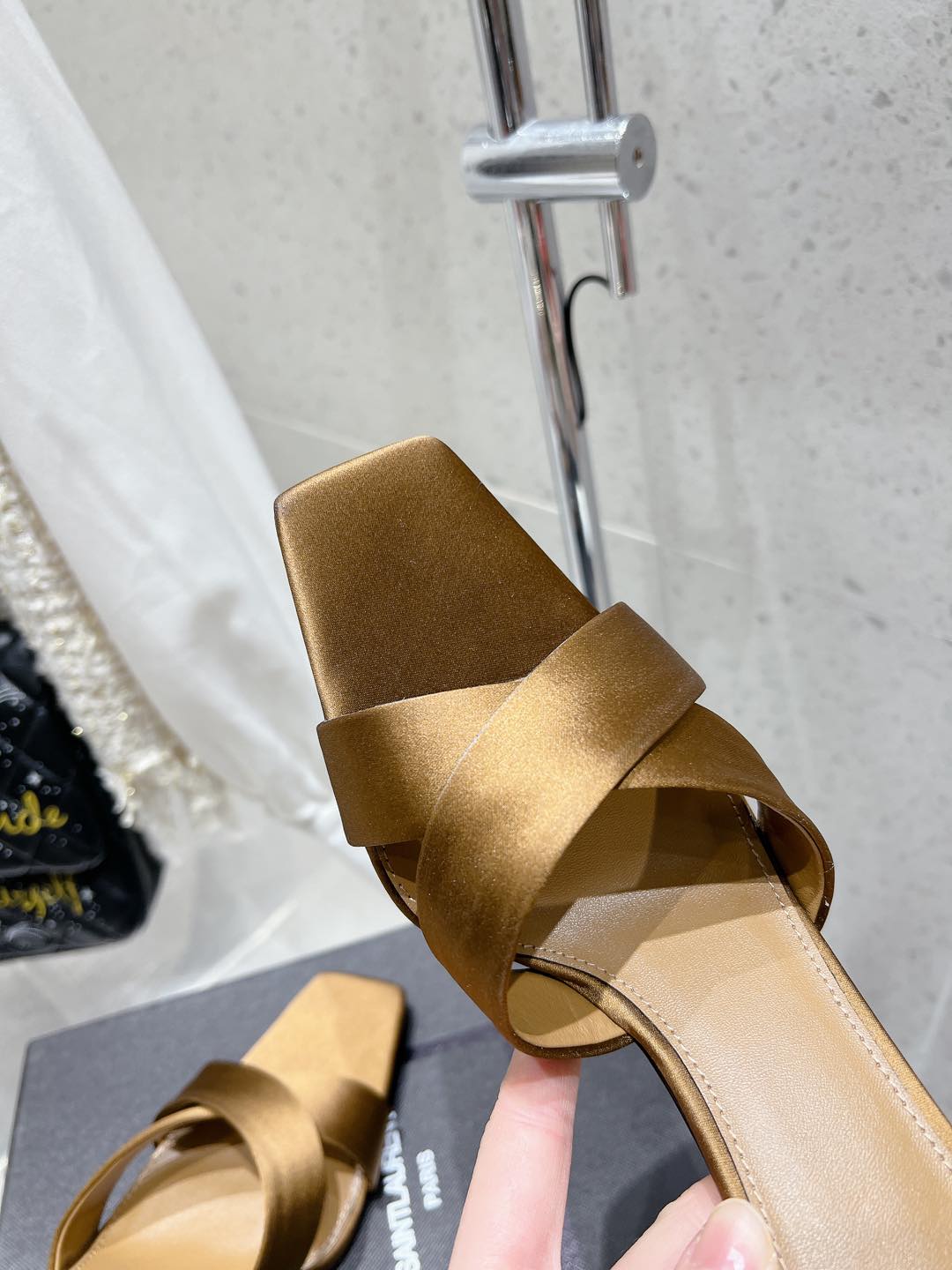 OPYUM HIGH MULES 85 MM IN METALLIC GOLD SATIN CREPE