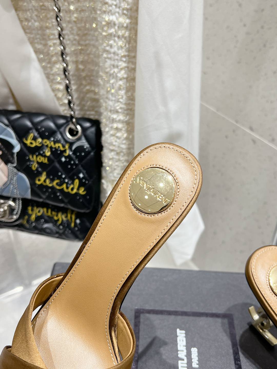 OPYUM HIGH MULES 85 MM IN METALLIC GOLD SATIN CREPE