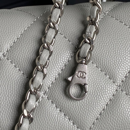 RETRO STYLE FLAP BAG 19 IN RHINO GRAY GRAINED CALFSKIN GOLD HARDWARE