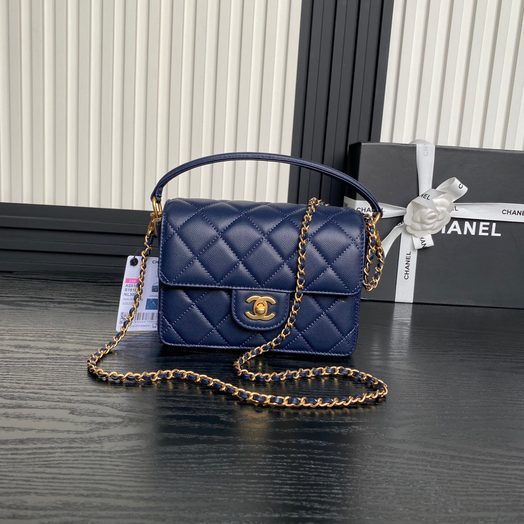 RETRO STYLE FLAP BAG 19 IN NAVY BLUE GRAINED CALFSKIN GOLD HARDWARE
