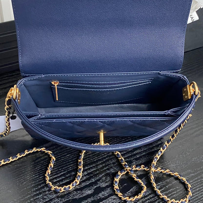RETRO STYLE FLAP BAG 22 IN NAVY BLUE GRAINED CALFSKIN GOLD HARDWARE