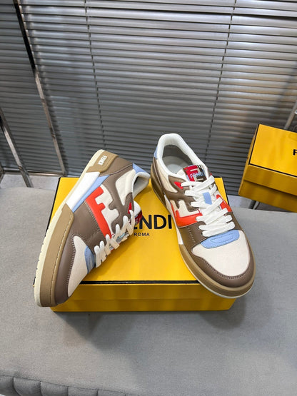 FENDI MATCH LOW TOPS IN COFFEE BROWN MIX WHITE CALFSKIN AND MESH