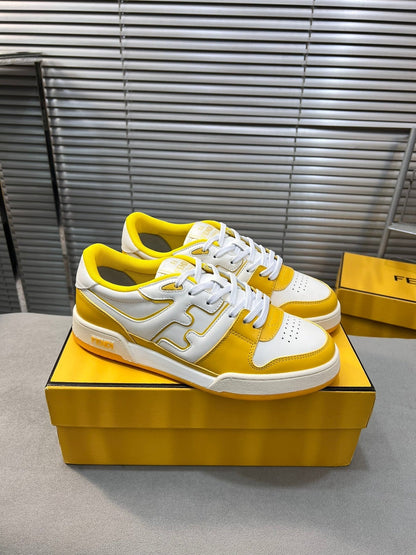 FENDI MATCH LOW TOPS IN BRIGHT YELLOW MIX WHITE CALFSKIN AND MESH