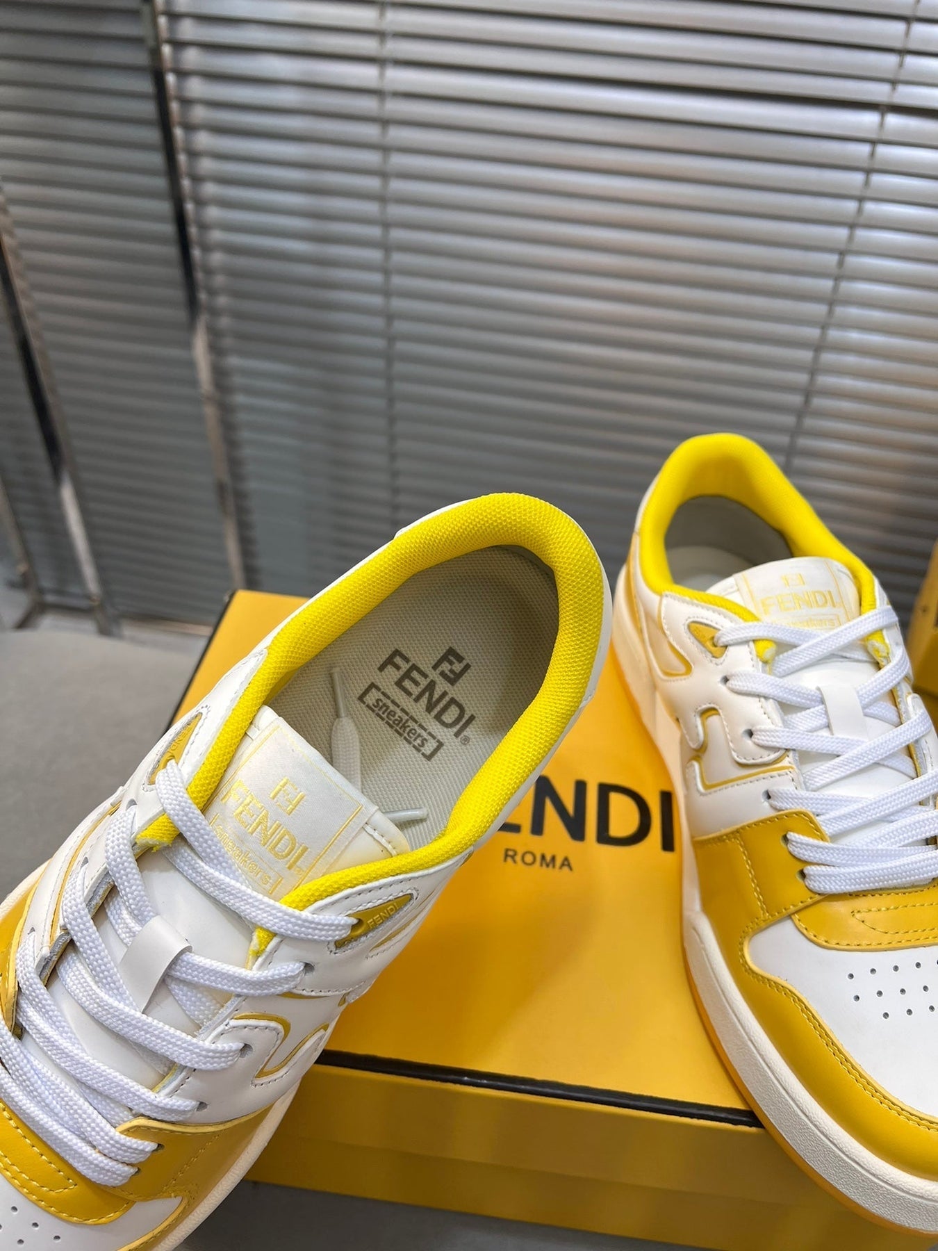 FENDI MATCH LOW TOPS IN BRIGHT YELLOW MIX WHITE CALFSKIN AND MESH