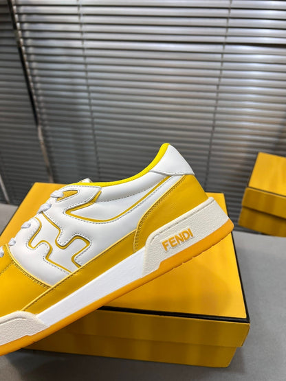 FENDI MATCH LOW TOPS IN BRIGHT YELLOW MIX WHITE CALFSKIN AND MESH
