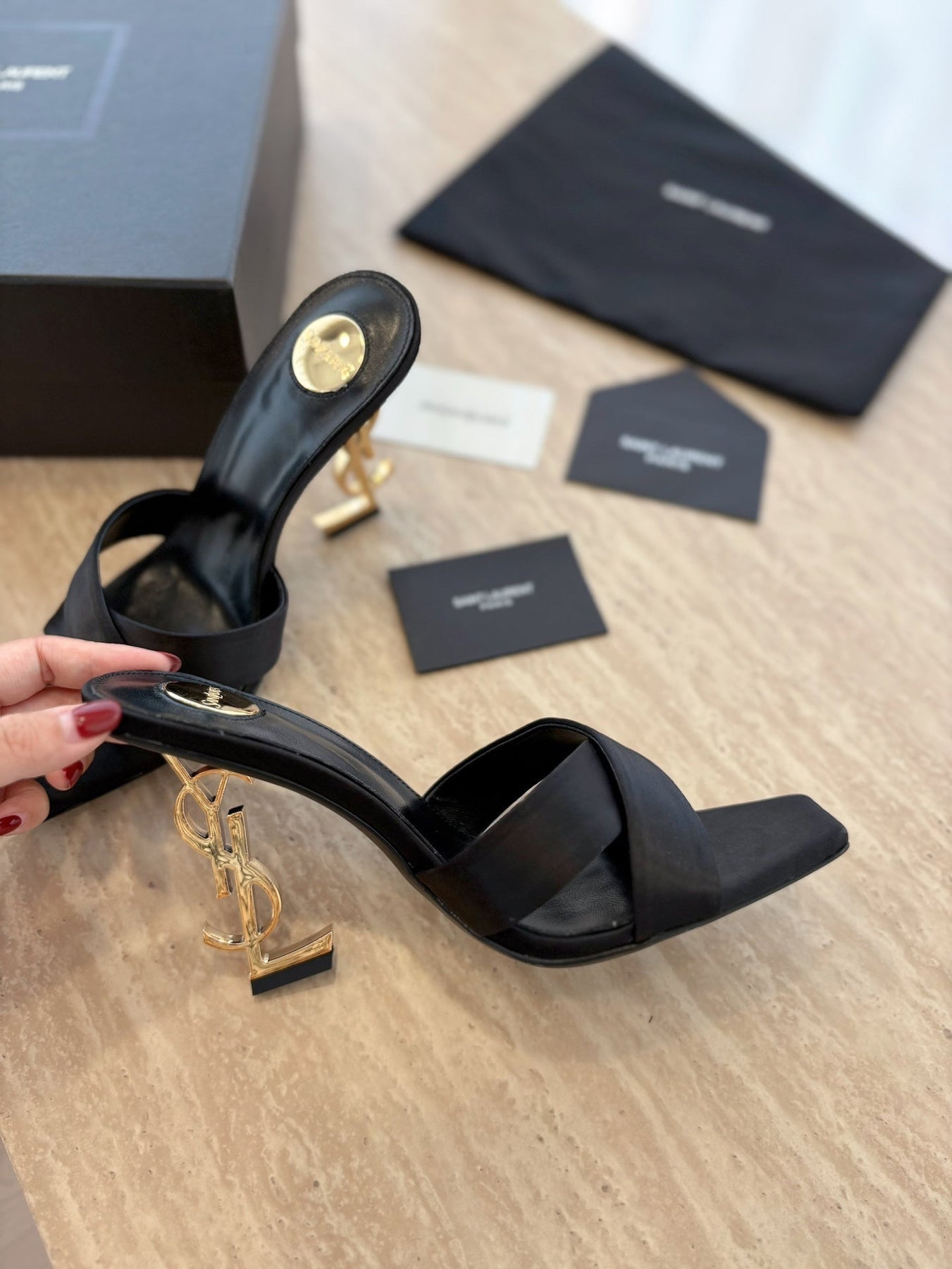 OPYUM OPEN TOE HIGH 10 CM MULES IN BLACK CALFSKIN