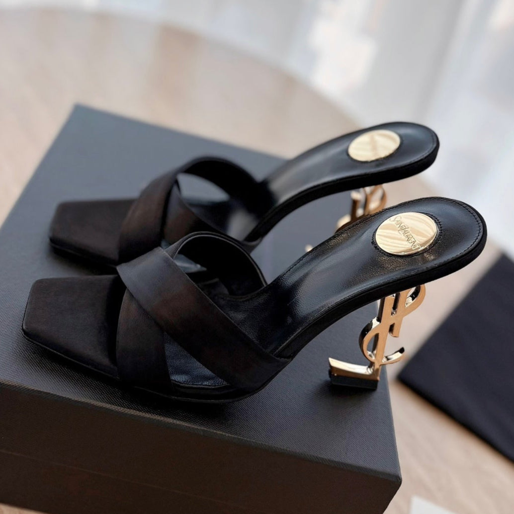 OPYUM OPEN TOE HIGH 10 CM MULES IN BLACK CALFSKIN