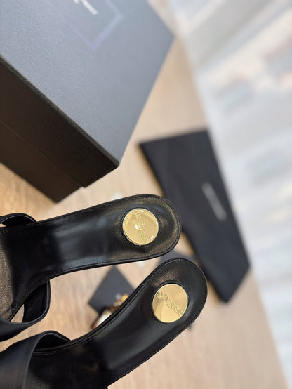 OPYUM OPEN TOE HIGH 10 CM MULES IN BLACK CALFSKIN