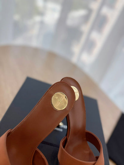 OPYUM OPEN TOE HIGH 10 CM MULES IN BRONZE BROWN CALFSKIN