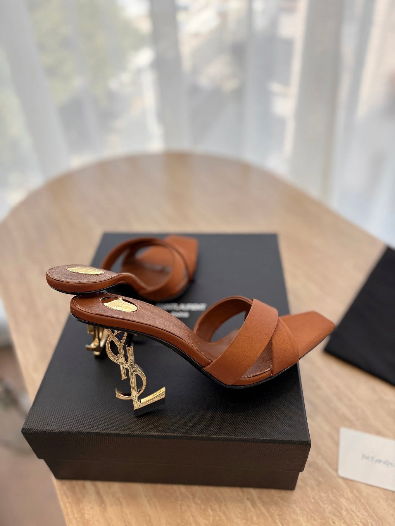 OPYUM OPEN TOE HIGH 10 CM MULES IN BRONZE BROWN CALFSKIN