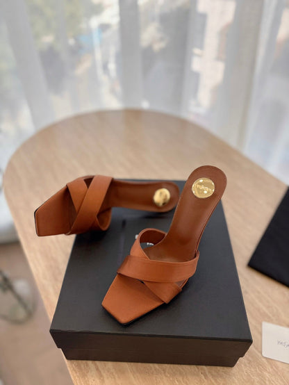 OPYUM OPEN TOE HIGH 10 CM MULES IN BRONZE BROWN CALFSKIN