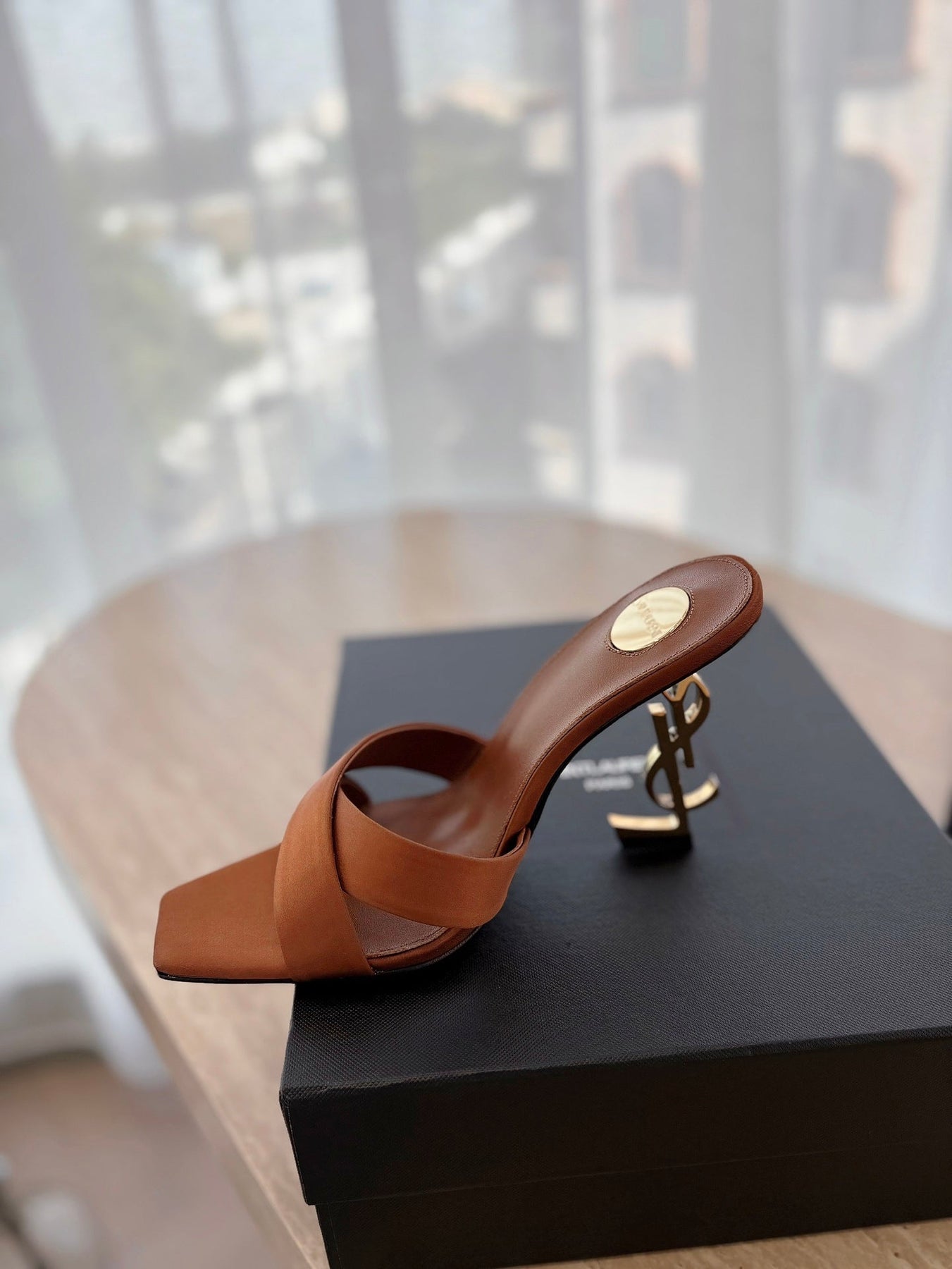 OPYUM OPEN TOE HIGH 10 CM MULES IN BRONZE BROWN CALFSKIN