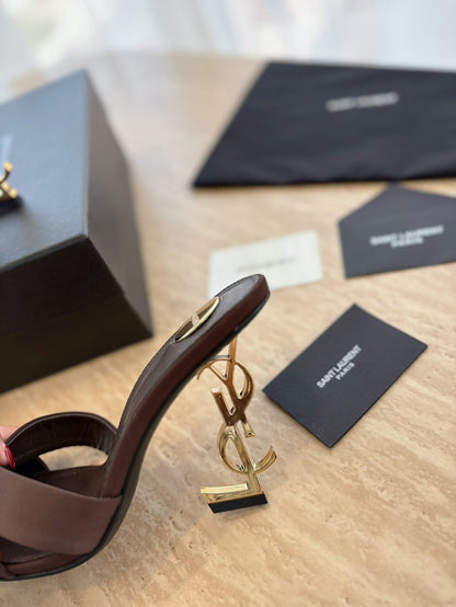 OPYUM OPEN TOE HIGH 10 CM MULES IN CHOCOLATE BROWN CALFSKIN