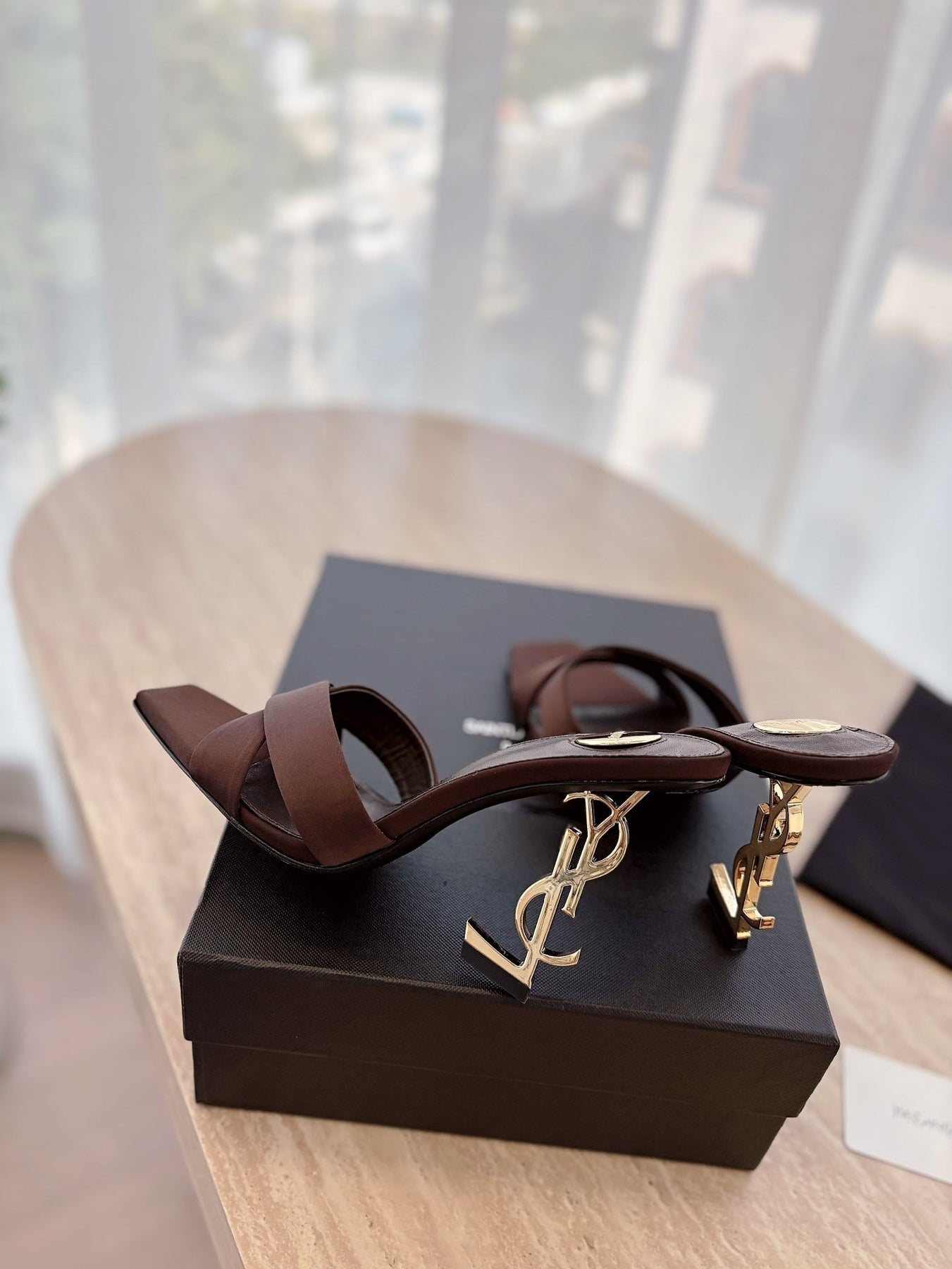 OPYUM OPEN TOE HIGH 10 CM MULES IN CHOCOLATE BROWN CALFSKIN