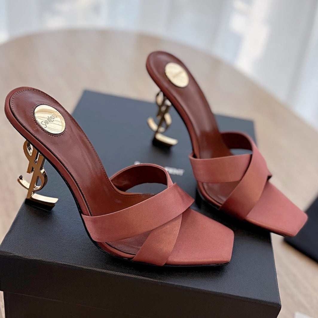 OPYUM OPEN TOE HIGH 10 CM MULES IN MARS RED CALFSKIN