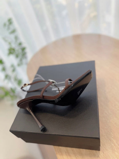 HIGH HEEL SANDAL 10 CM IN CHOCOLATE BROWN SATIN CREPE AND CRYSTAL
