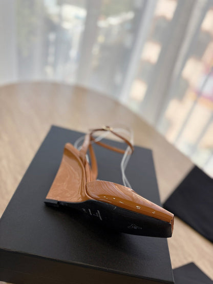 LA SCANDALE HIGH 10 CM WEDGE SANDALS IN BRONZE BROWN PATENT LEATHER