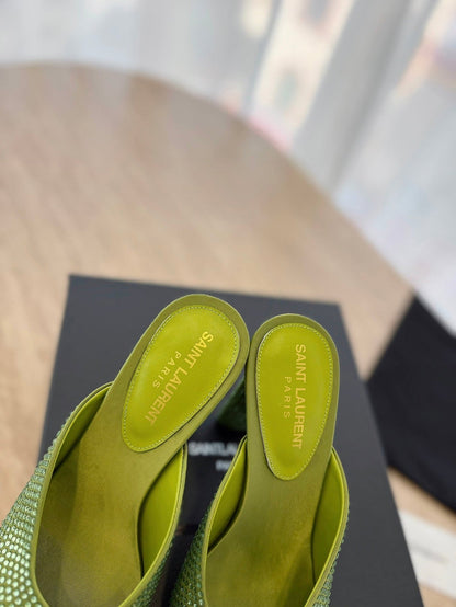 HIGH HEEL BLONDE MULE 10 CM IN OLIVE GREEN SATIN WITH RHINESTONES