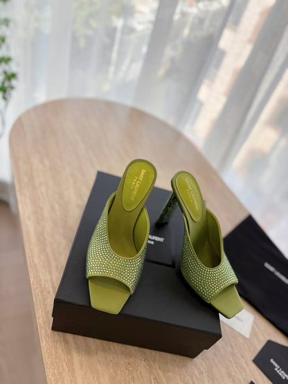HIGH HEEL BLONDE MULE 10 CM IN OLIVE GREEN SATIN WITH RHINESTONES