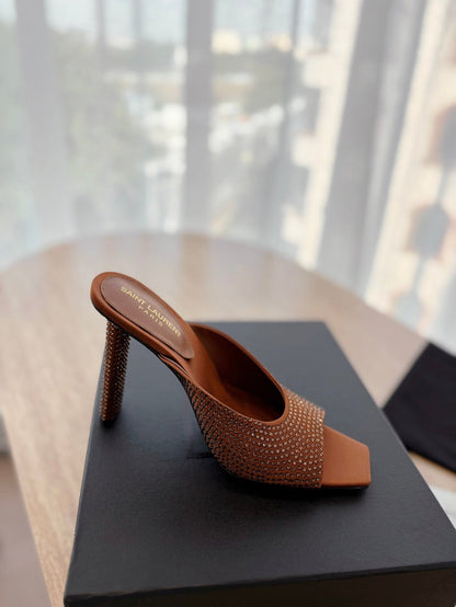 HIGH HEEL BLONDE MULE 10 CM IN BRONZE BROWN SATIN WITH RHINESTONES