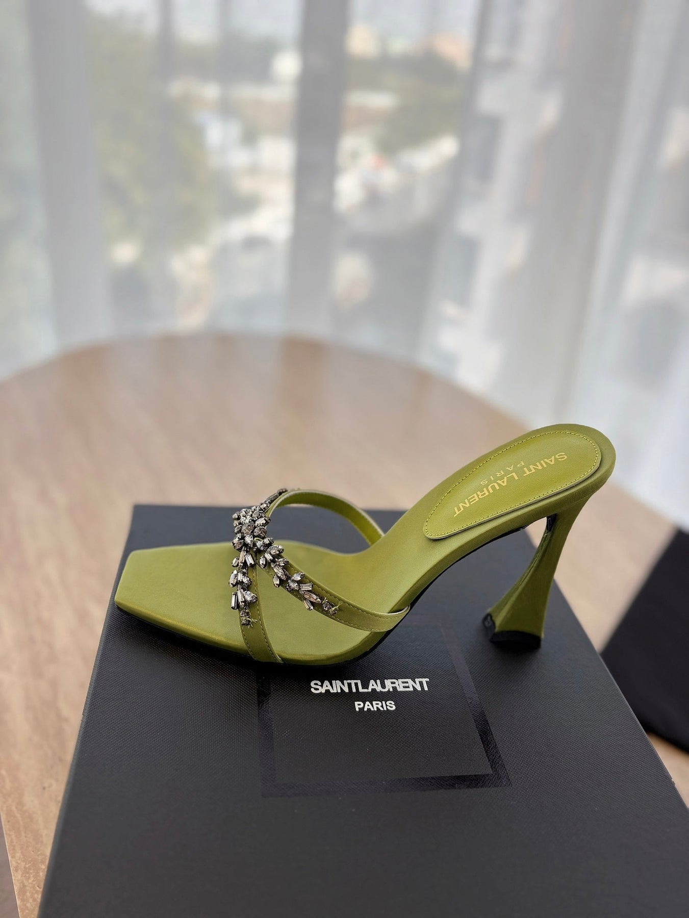 RAV HIGH HEEL 10 CM EMBELLISHED OLIVE GREEN SATIN MULES