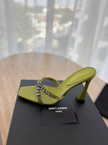 RAV HIGH HEEL 10 CM EMBELLISHED OLIVE GREEN SATIN MULES