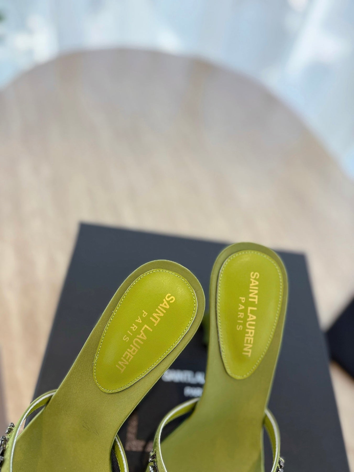 RAV HIGH HEEL 10 CM EMBELLISHED OLIVE GREEN SATIN MULES