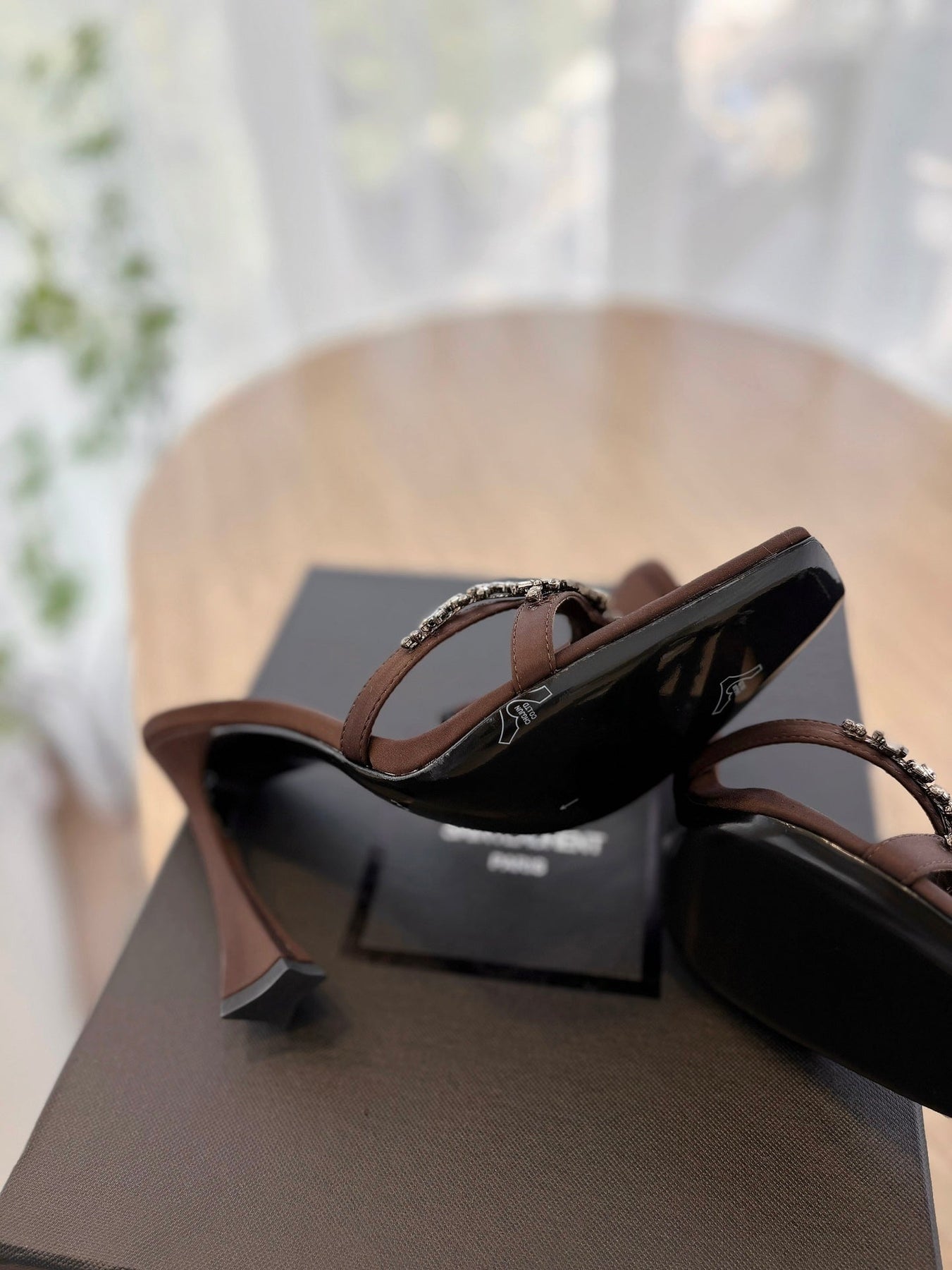 RAV HIGH HEEL 10 CM EMBELLISHED CHOCOLATE BROWN SATIN MULES