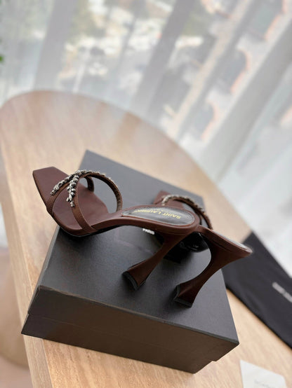 RAV HIGH HEEL 10 CM EMBELLISHED CHOCOLATE BROWN SATIN MULES