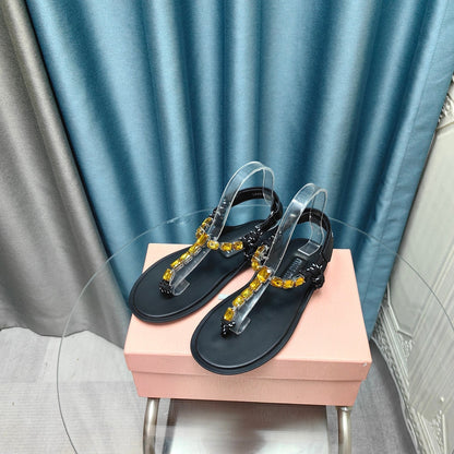 FLIP-FLOPS BLACK COWHIDE WITH CRYSTALS-YELLOW