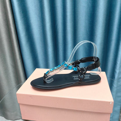 FLIP-FLOPS BLACK COWHIDE WITH CRYSTALS-SAPPHIRE BLUE