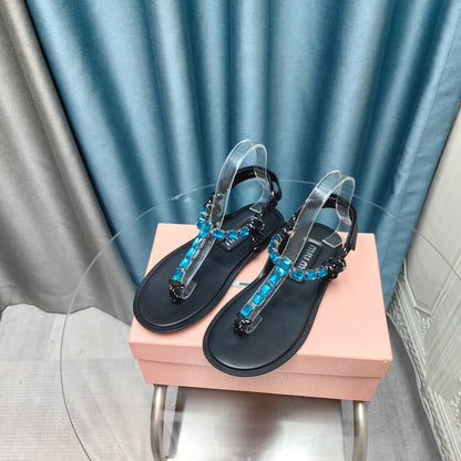 FLIP-FLOPS BLACK COWHIDE WITH CRYSTALS-SAPPHIRE BLUE