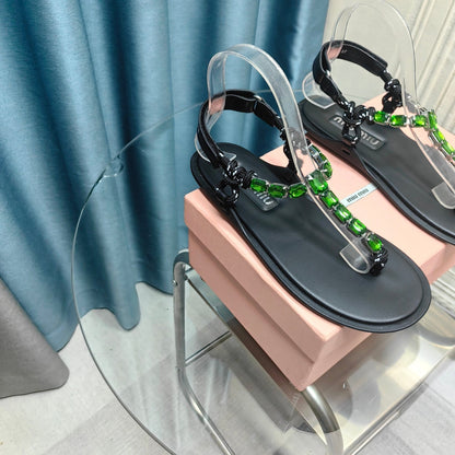 FLIP-FLOPS BLACK COWHIDE WITH CRYSTALS-KELLY GREEN