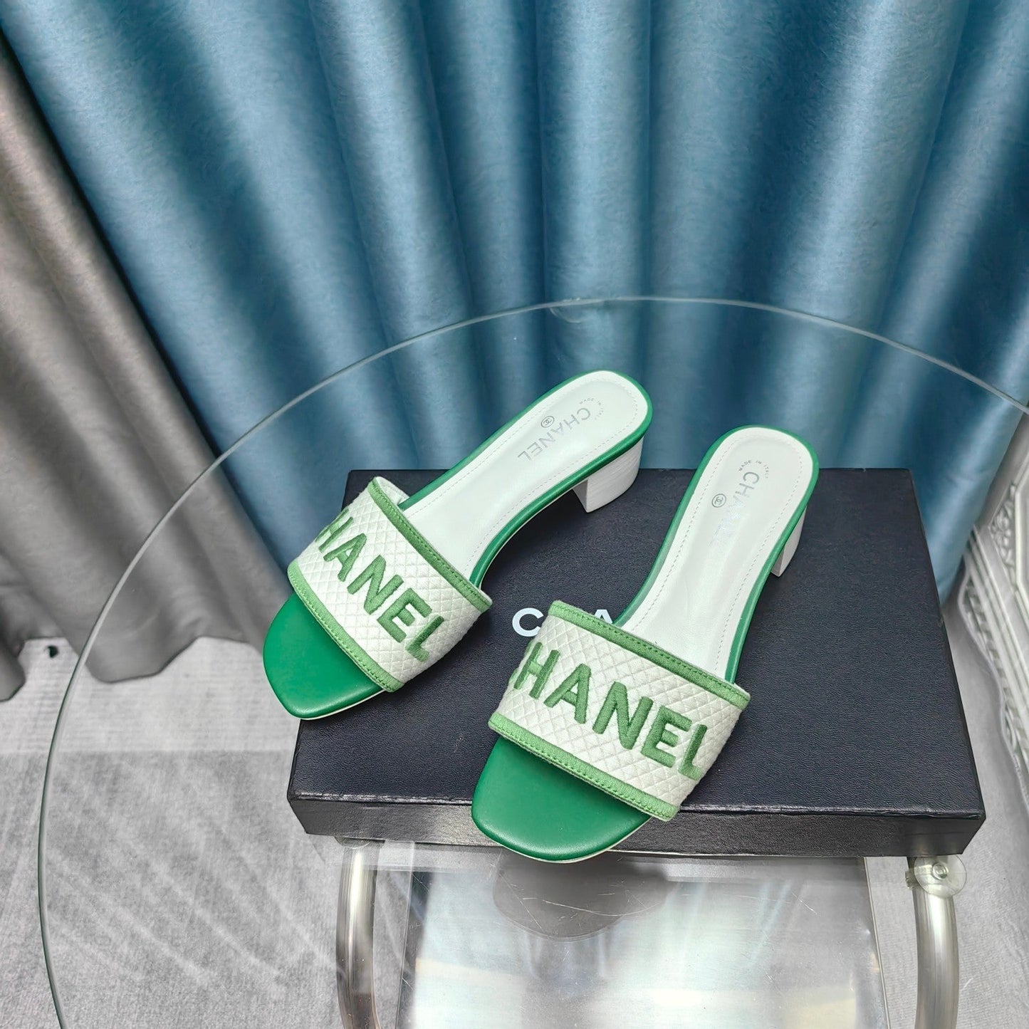 MULE SANDAL 45 WHITE MIX LIGHT GREEN FABRIC EMBROIDERY