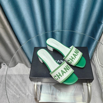 MULE SANDAL 45 WHITE MIX LIGHT GREEN FABRIC EMBROIDERY