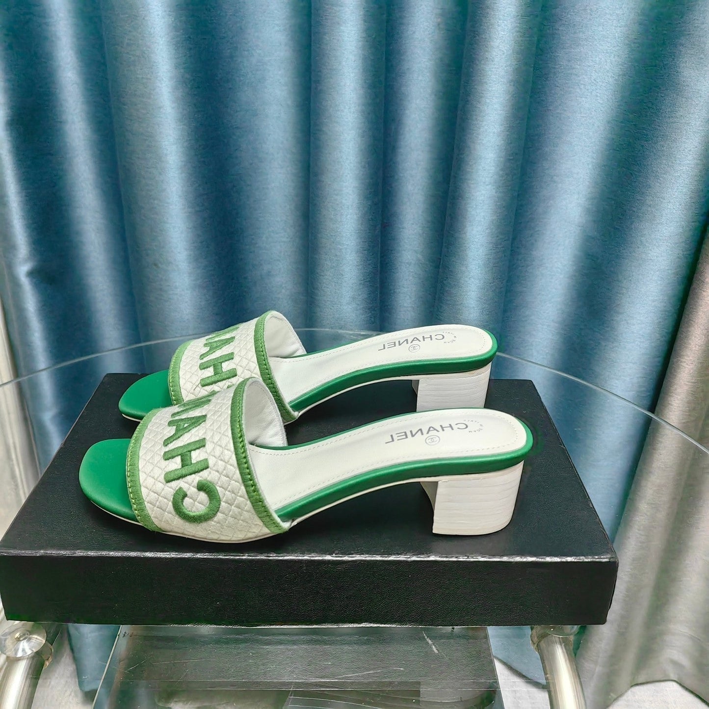 MULE SANDAL 45 WHITE MIX LIGHT GREEN FABRIC EMBROIDERY