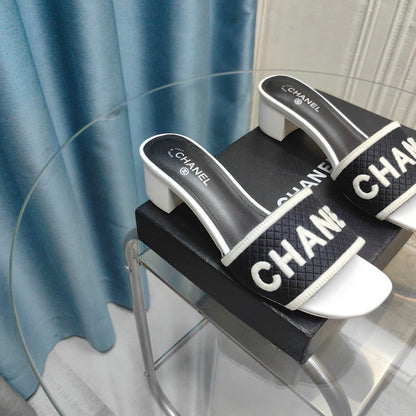 MULE SANDAL 45 WHITE BLACK FABRIC EMBROIDERY