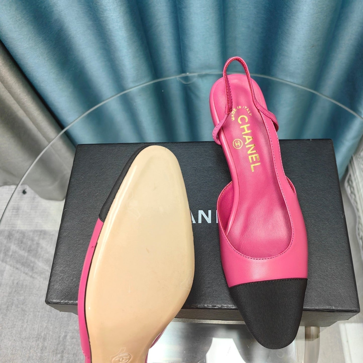 HIGH SLINGBACKS IN BARBIE PINK MIX BLACK LAMBSKIN
