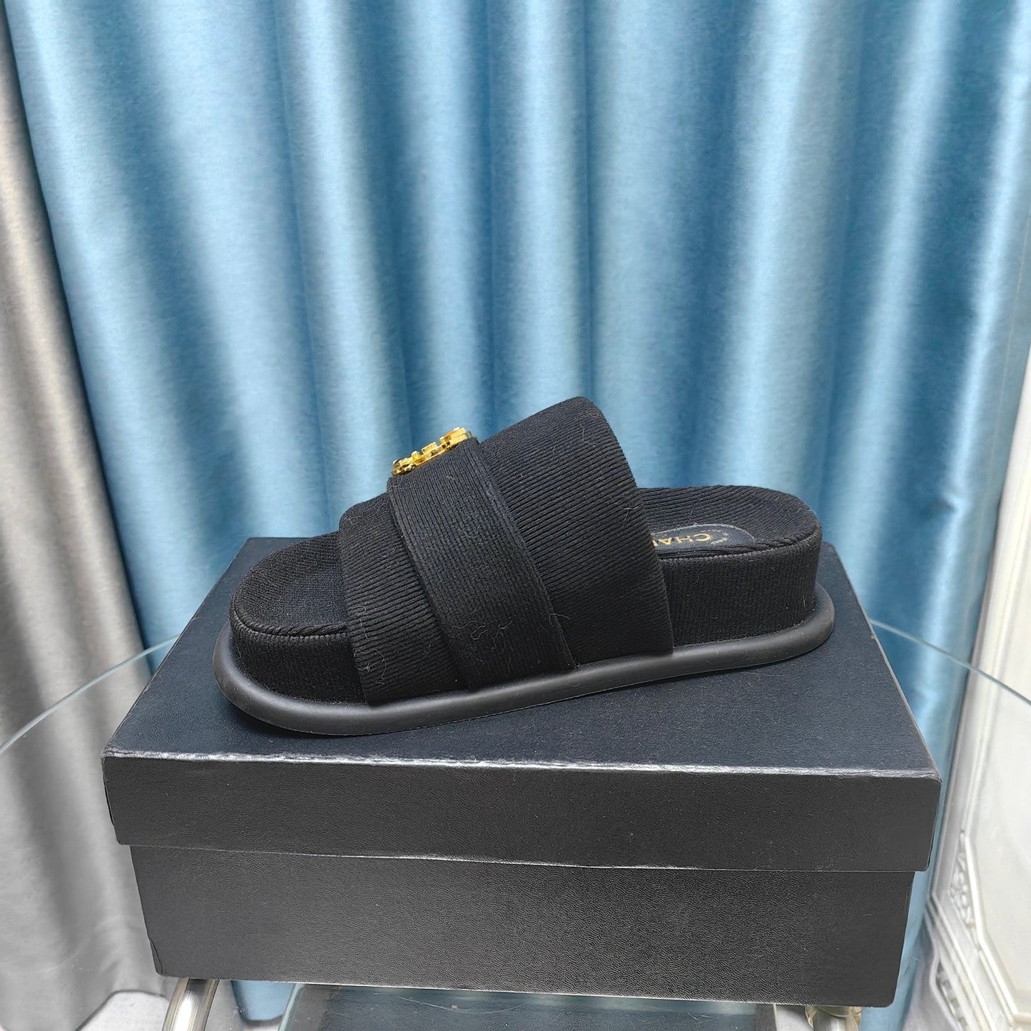 PLATFORM HEELS SANDALS IN BLACK WOOLEN FABRIC