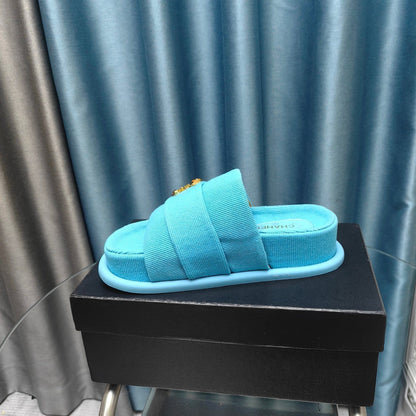 PLATFORM HEELS SANDALS IN SAPPHIRE BLUE WOOLEN FABRIC