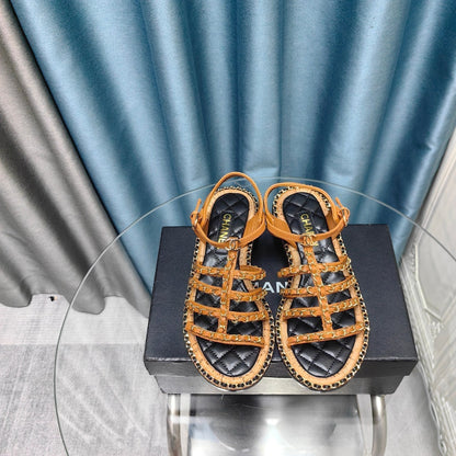 HIGH SANDALS WITH THREE STRAPS IN OCHRE YELLOW CALFSKIN