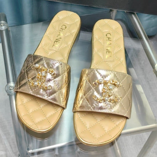 QUILTED SLIPPERS SILVER MIX BEIGE CREAM SHEEPSKIN