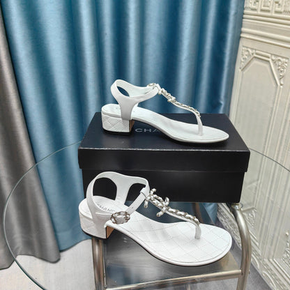 CLASSIC THONG SANDALS WHITE LAMBSKIN WITH PEARL BUCKLE