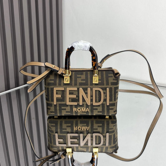 BY THE WAY MINI 18 IN SOYA BEAN JACQUARD FABRIC AND BROWN CALFSKIN TRIM